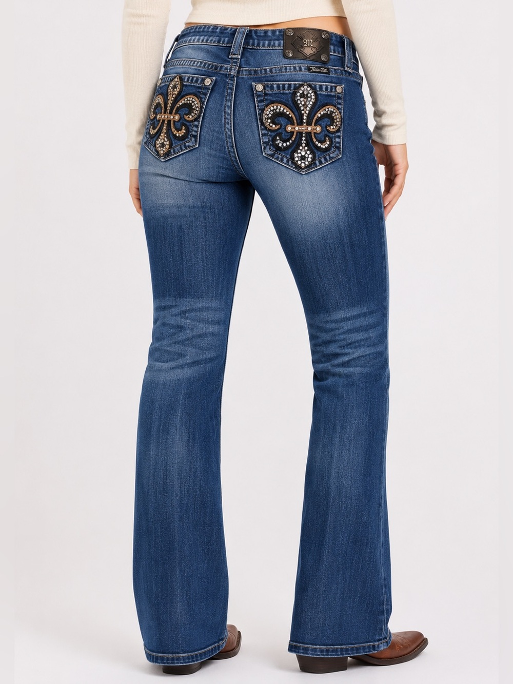Miss Me Blue Denim Jeans with Rhinestone Fleur-de-Lis Pocket